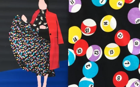 fabrics for suits side by side drawings of woman wearing red blazer long skirt with pool balls on it