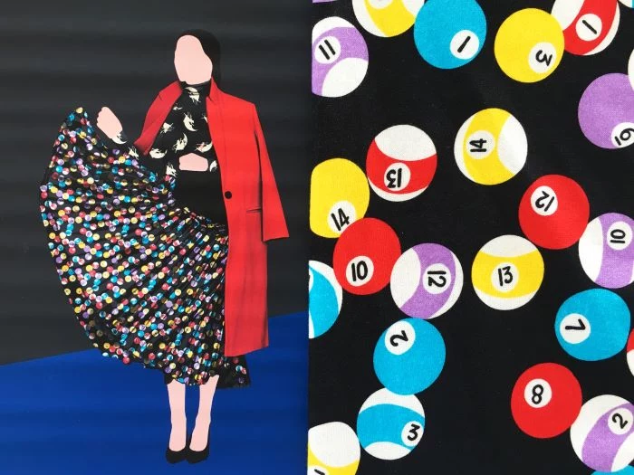 fabrics for suits side by side drawings of woman wearing red blazer long skirt with pool balls on it
