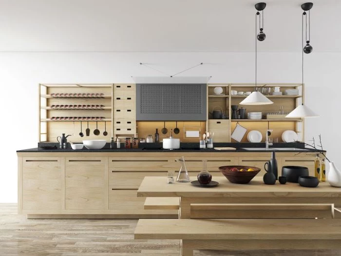 floating kitchen cabinets all wooden kitchen cabinets and dining table with black countertops