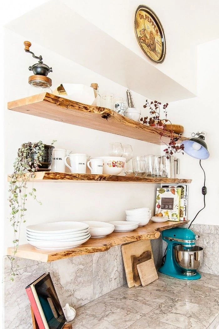 floating kitchen shelves natural wooden shelves above marble countertop with blue kitchen robot