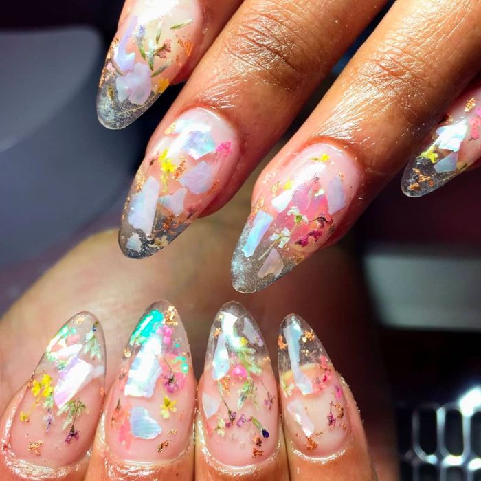 floral acrylic nails with different colors flower nail designs purple pink blue gold