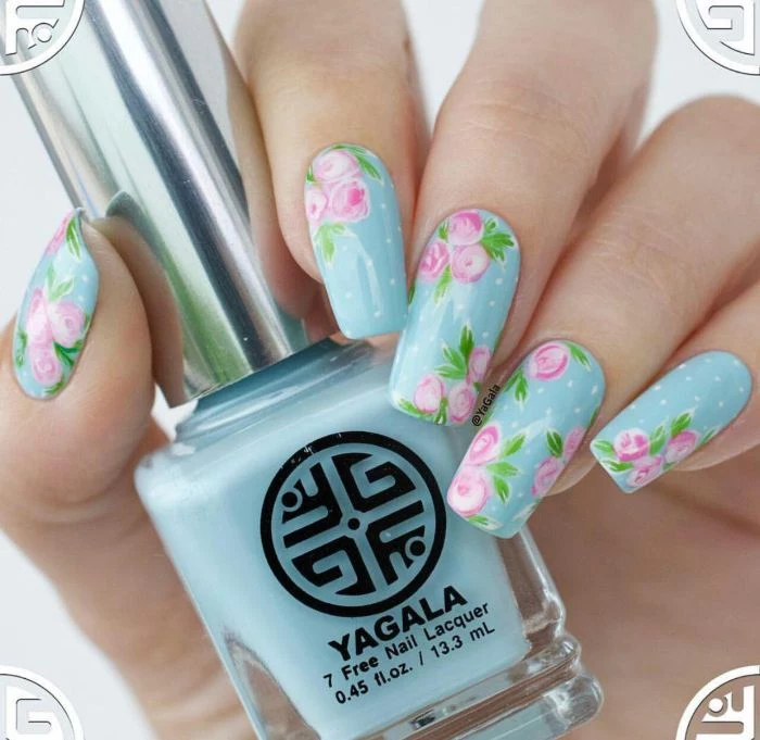floral pink decorations on blue nail polish spring nail colors 2021 long square nails