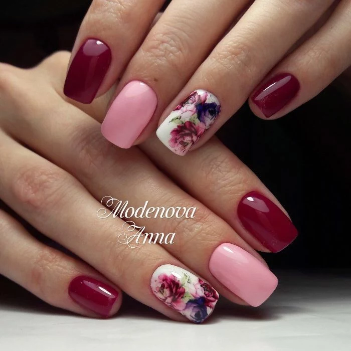 flowers decorations on ring fingers cute nail designs pink and red nail polish