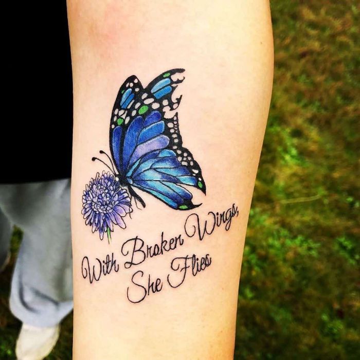 forearm tattoo blue butterfly with purple flower butterfly hand tattoo with broken wings she flies