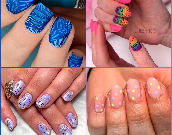 four side by side photos 2021 nail trends almond nails and squoval nails with different nail designs