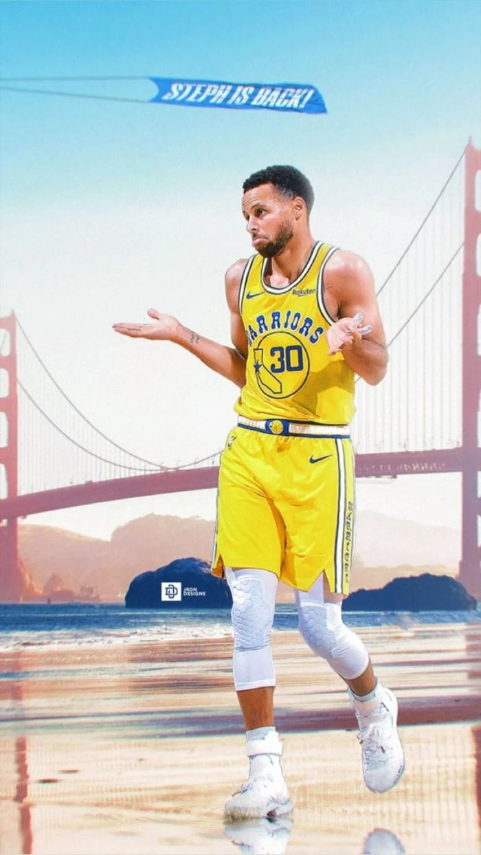 golden gate bridge in the background stephen curry wallpaper iphone steph shrugging wearing yellow warriors unifrom