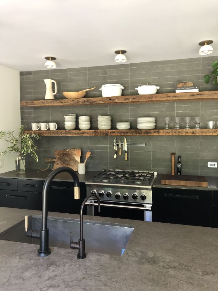 Gray Tiled Backsplash With Two Wooden Long Shelves Open Shelving Kitchen Ideas Black Bottom Cabinets 