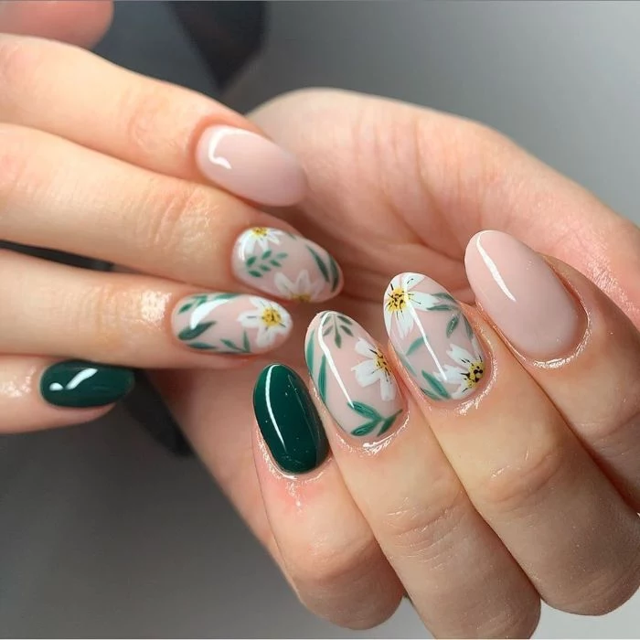 green and nude base on medium length almond nails nail designs 2021 white flowers decorations
