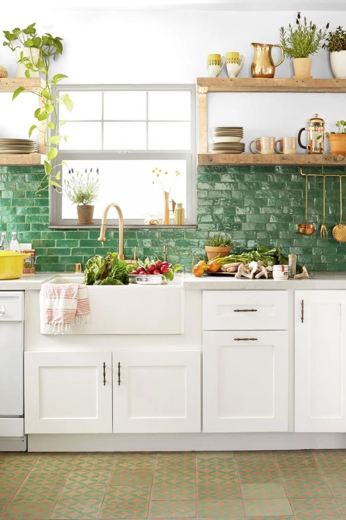 green subway tiles backdrop wooden shelves open kitchen cabinets white cabinets farmhouse decor