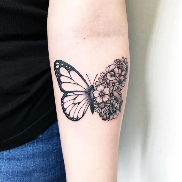 half butterfly half flowers black and white forearm tattoo butterfly and flower tattoo