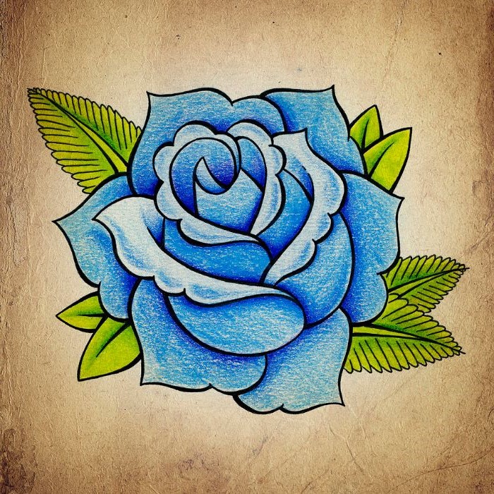 how to draw a flower easy drawing of a blue rose with green leaves on beige background