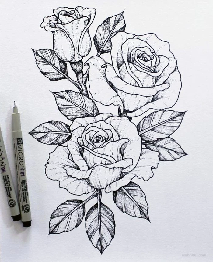 how to draw a rose step by step black and white drawing of three roses with their leaves two pencils on the side