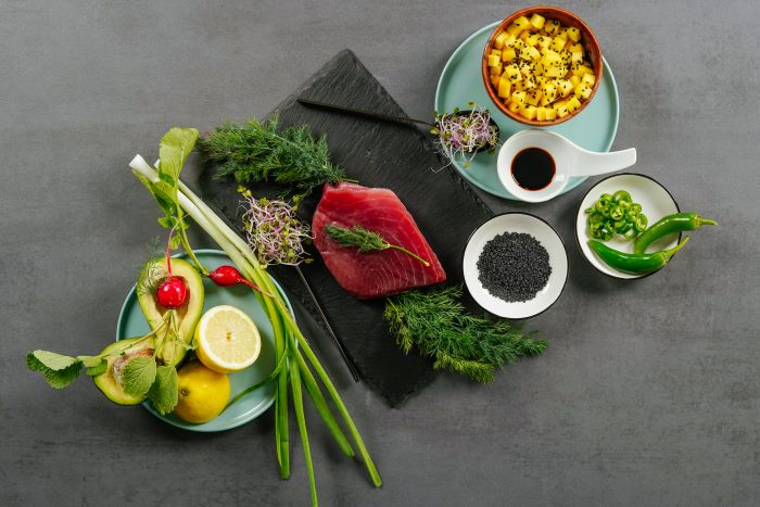 ingredients for tuna tartare recipe with mango avocado black sesame seeds appetizers for a crowd