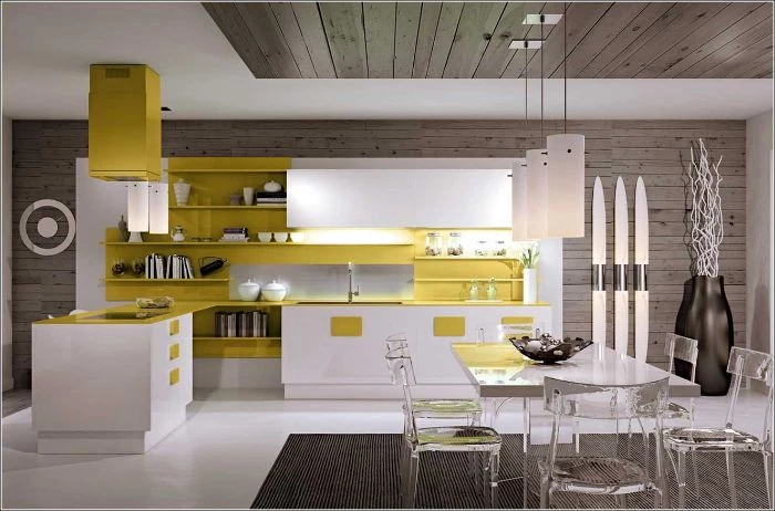 kitchen in white and yellow kitchen with shelves instead of cabinets glass dining room and chairs