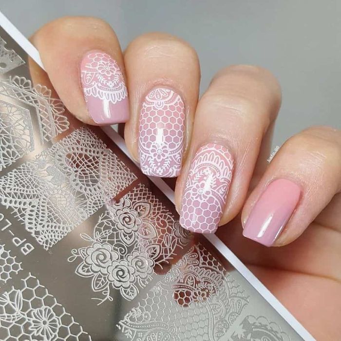    Lace Like White Decorations On Light Pink Nail Polish Spring Nail Colors 2021 Medium Length Square Nails 