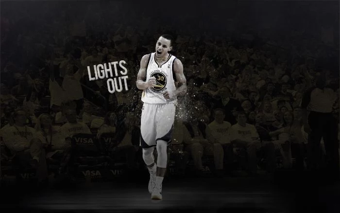 lights out written next to black and white photo of stephen curry wallpaper on the court wearing white golden state warriors uniform