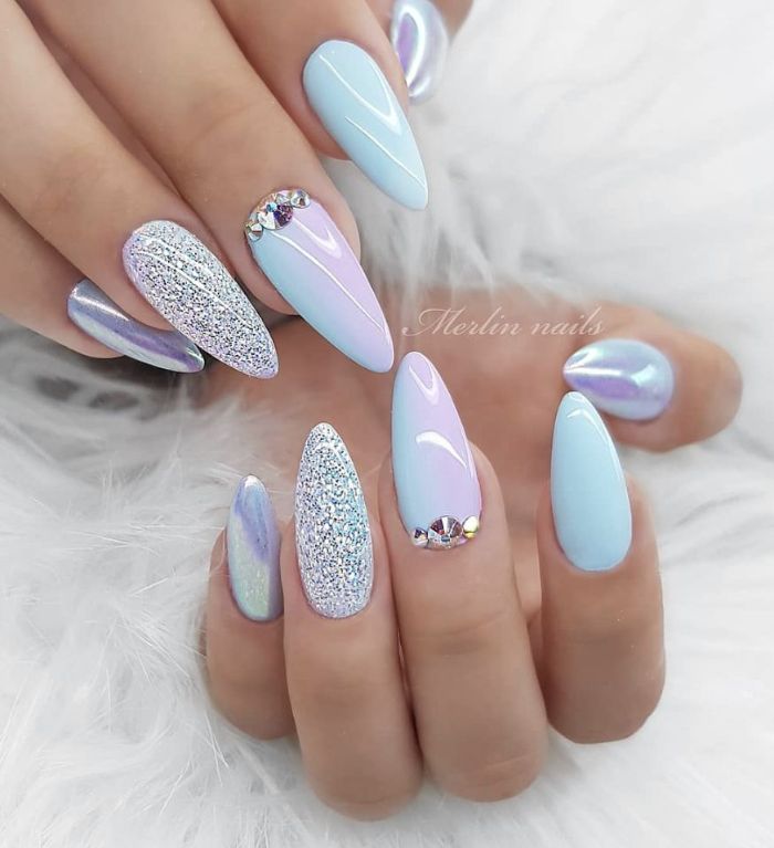 long stiletto nails with blue and silver glitter nail polish simple nail designs decorations with rhinestones