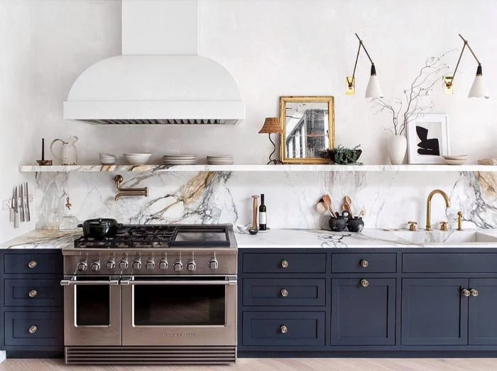 marble backdrop and shelf wood floating shelves kitchen dark blue bottom cabinets with marble countertop