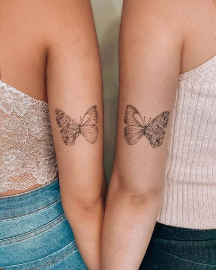 matching butterfly tattoos butterfly tattoos on shoulder half butterfly half flowers black and white