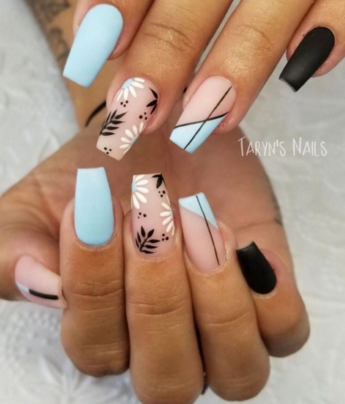 matte black blue nude nail polish nail designs 2021 white daisies decorations