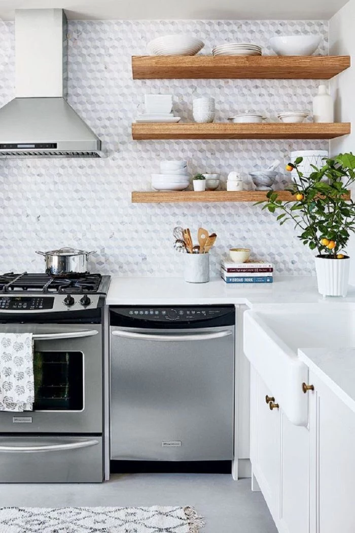 mosaic white backdrop wood shelves above white cabinets and countertop open shelving kitchen ideas