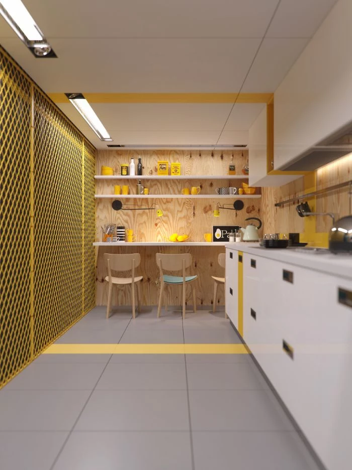 open shelving kitchen white cabinets ceiling tiled floor yellow lines and utensils wooden backdrop