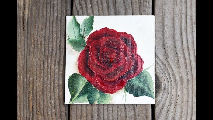 painting of a red rose with green leaves with acrylics how to draw a rose easy white background