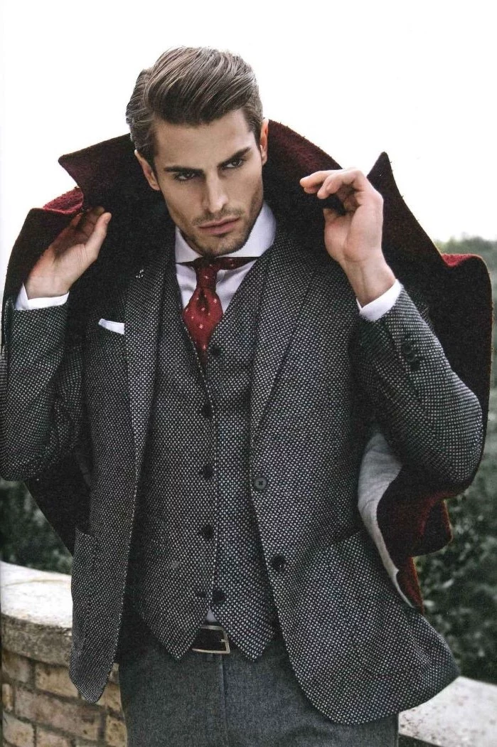 partridge eye suit worn with white shirt red tie red coat fabrics for suits by man with brown hair