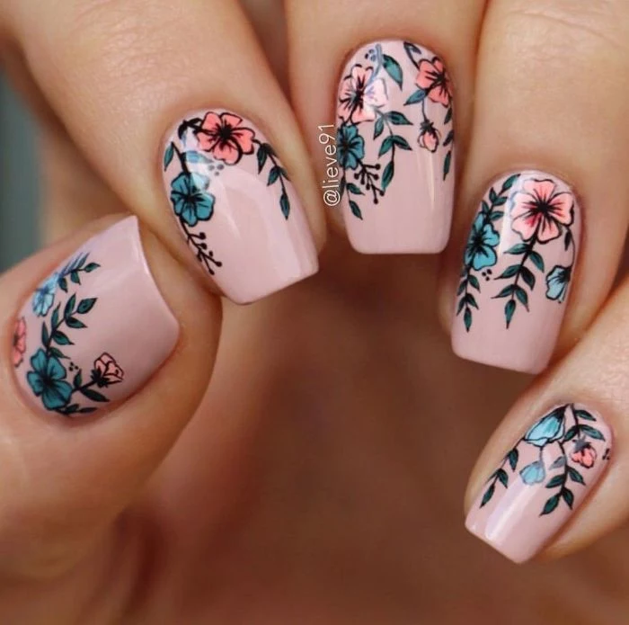 pink base on medium length squoval nails spring nail designs pink and blue flowers decorations