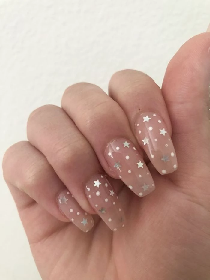 pretty nail designs brown nail polish on long coffin nails silver stars decorations