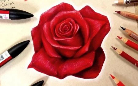 realistic drawing of red rose on white background pencils around it how to draw a rose easy