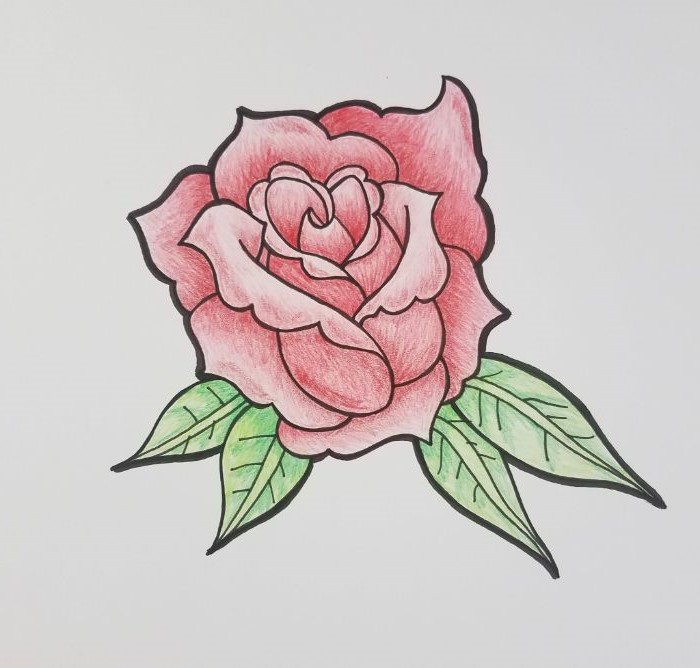 red rose with green leaves drawn on white background how to draw a flower easy pencil drawing