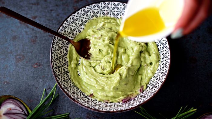 sauce made with avocado olive oil in ceramic bowl easy appetizers finger foods