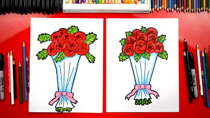 side by side drawings of bouquets of red roses wrapped in white paper with pink ribbon how to draw a flower easy