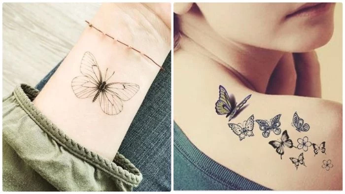 side by side photos butterfly tattoo shoulder tattoo of lots of butterflies one butterfly wrist tattoo