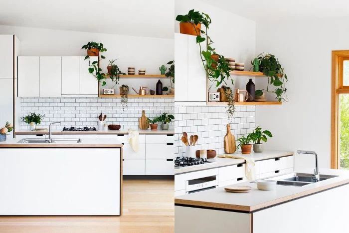 side by side photos of all white kitchen hanging kitchen shelves white subway tiles backdrop white cabinets kitchen island