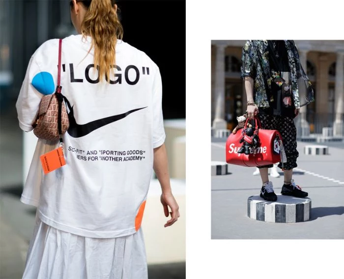 streetwear aesthetic oversized white nike off white collaboration t shirt red supreme bag on another photo