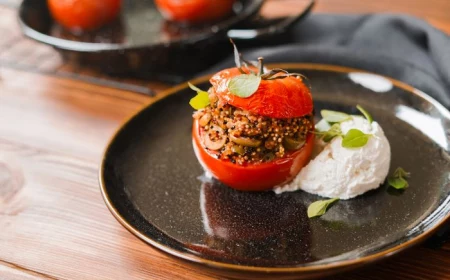 stuffed tomato with quinoa mixture appetizers for a crowd placed with ricotta cheese on black ceramic plate
