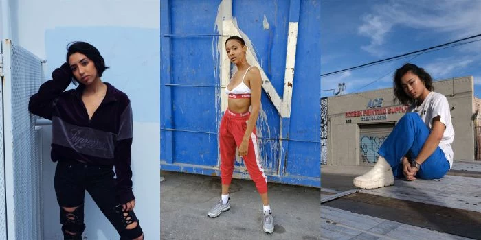 three side by side photos of women wearing different outfits mens hip hop clothing in different colors