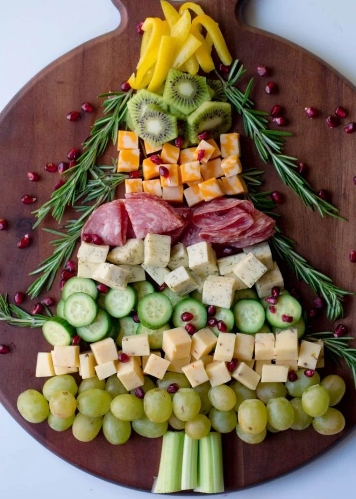 tree shaped cheese board ideas with cheeses meats fruits veggies rosemary branches
