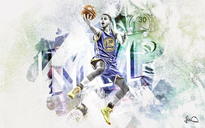 white background photo of steph laying up the ball cartoon stephen curry wallpaper mvp written behind him