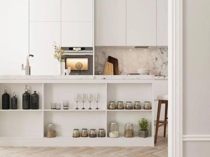 white cabinets and kitchen island open shelving kitchen marble backdrop wooden floor