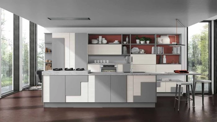 white kitchen cabinets with geometric gray accents floating kitchen cabinets red backdrop