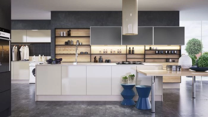 white kitchen island black wall with black cabinets open shelving kitchen wooden backdrop