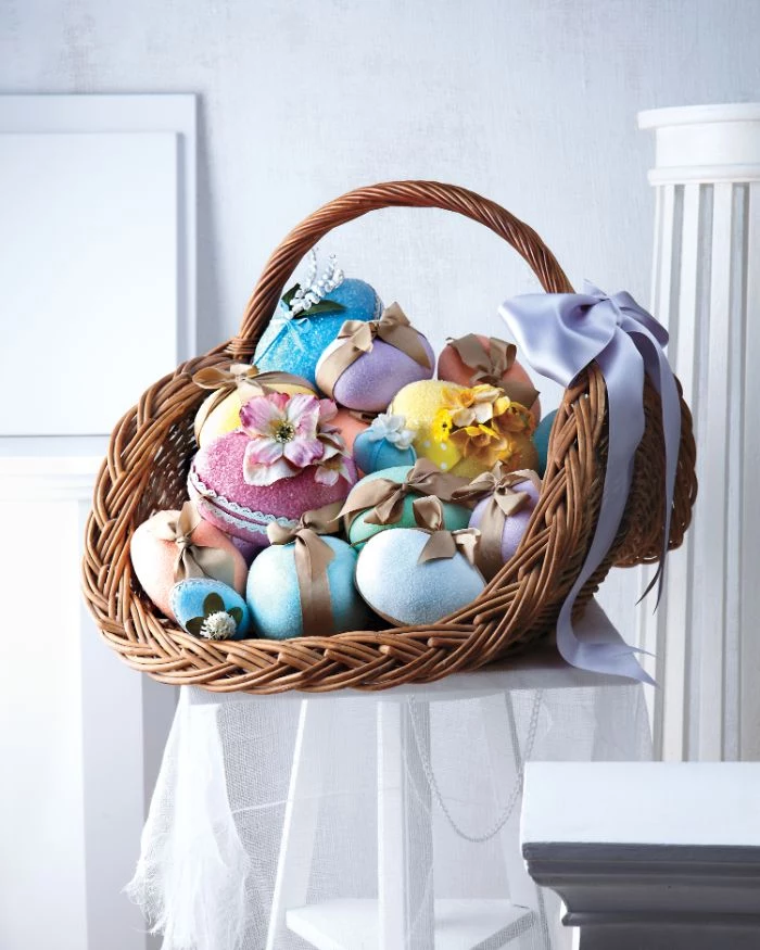 adult easter basket large basket filled with eggs in different colors wrapped with bows