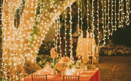 backyard wedding decorations tree wrapped with strings of lights table underneath with floral centerpiece