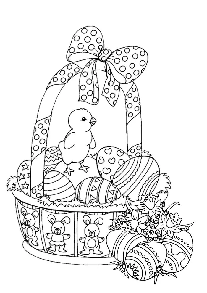 basket full of eggs with bow on top easter bunny coloring pages small chicken on top black and white drawing