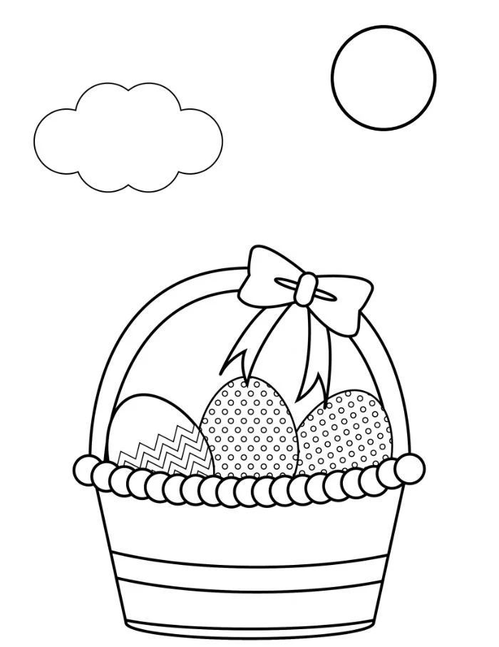 basket with three eggs inside bow on top easter coloring sheets black and white drawing