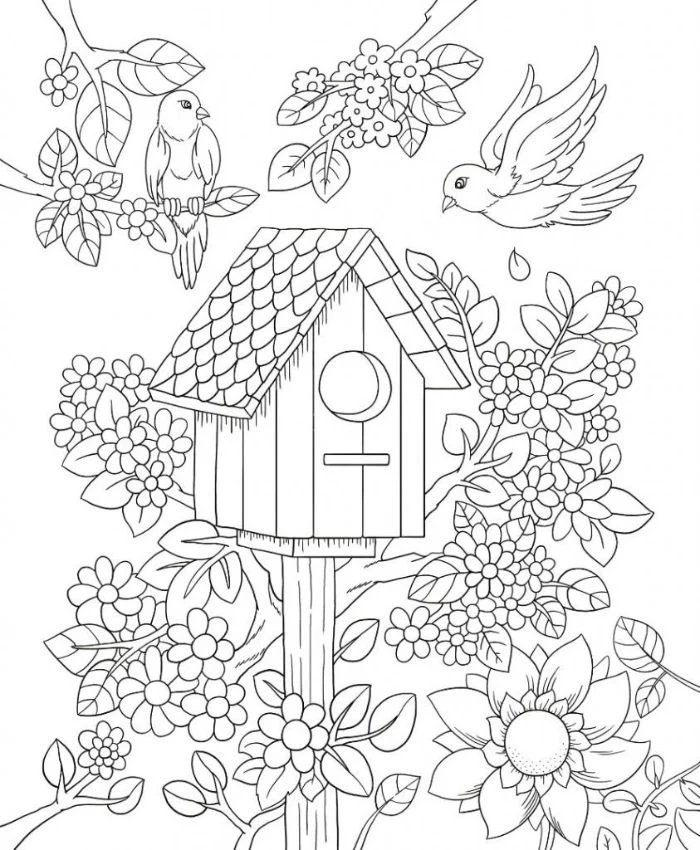bird house surrounded by different flowers and birds flower coloring pages for kids