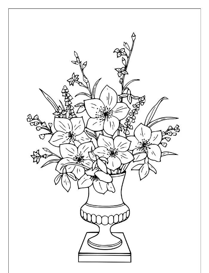 black and white drawing flower coloring pages for kids vase filled with different flowers